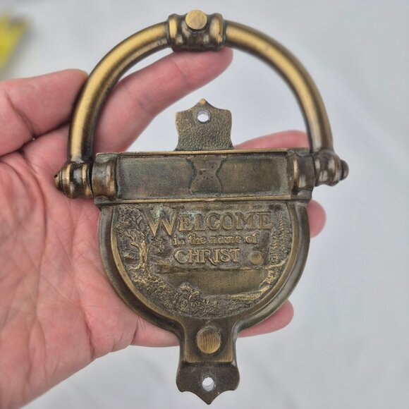 Vintage Brass Door Knocker Christian Theme Welcome in the Name of CHRIST  80's - Picture 4 of 16